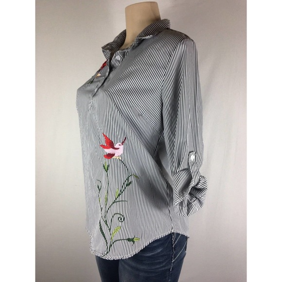 Womens Kontrol Striped Flower Embroidered Shirt Blouse Tunic Top Size Medium - Picture 5 of 9